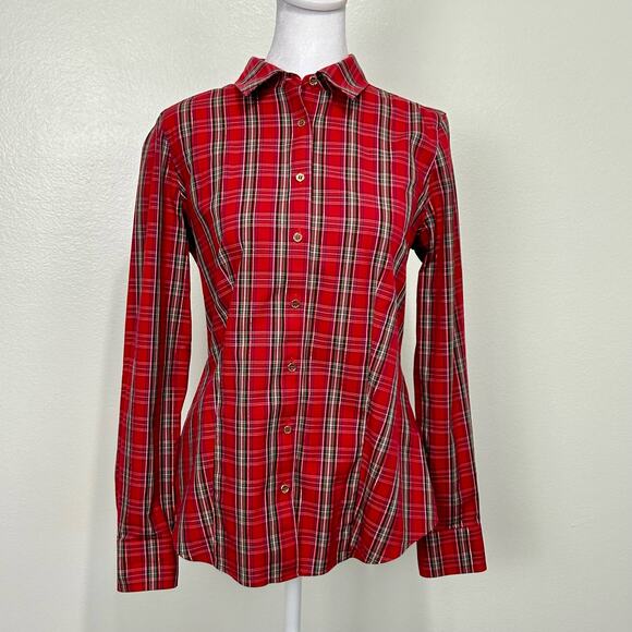Talbots Plaid Non Iron Shirt 2 Womens Red Green Gold Button Down Christmas - Picture 1 of 14